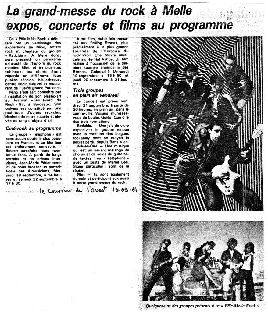 1984.09.19-Courrier-de-lOuest-MinoPRE-879x1024 "Pele-Melle Rock" Ark en Ciel, Raticide, Mino (22/09/84)