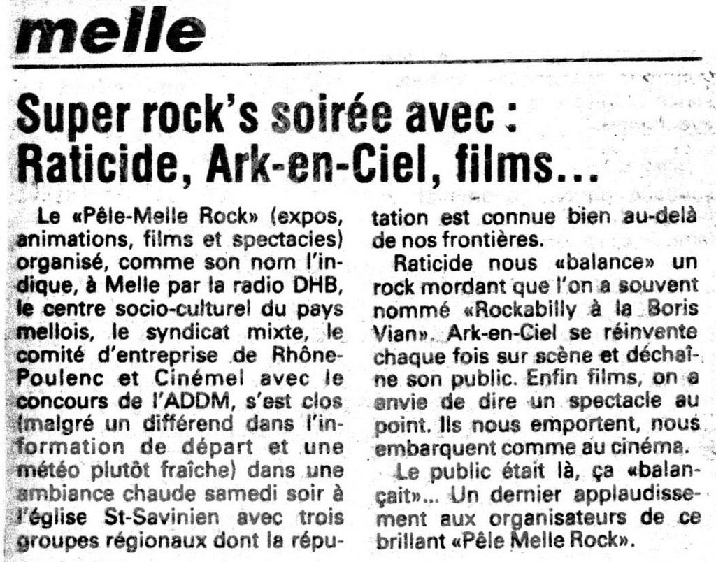 1984.09.24-Charente-libre-MinoPRE-1024x804 "Pele-Melle Rock" Ark en Ciel, Raticide, Mino (22/09/84)