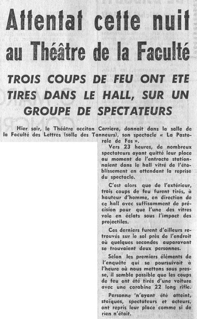 1976.02.05-NRCO.2ADPRE-632x1024 Coups de feu contre le Théâtre Populaire Occitant "La pastorale de Fos" (04 et 05/02/76)