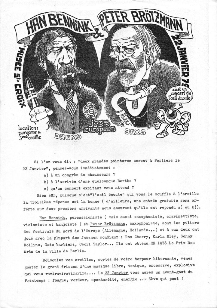 1979.01.22-Flyer01-Oreille-est-Hardie-722x1024 Han Bennink et Peter Brötzmann (22/01/79)