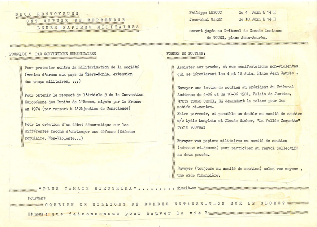 1981.06.03-FRAD037_121J63_9DOb-1024x733 "Renvoyeurs de livrets militaires" Philippe Lebouc, Jean-Paul Giret (03/06/81)