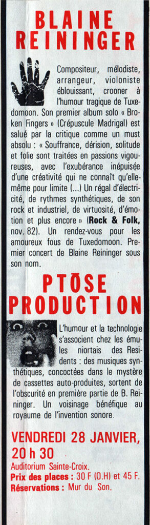 1982.12.10-Doc03.01-Oreille-est-HardieAFversoC-293x1024 Ptôse Production, Blaine Reininger (28/01/83)