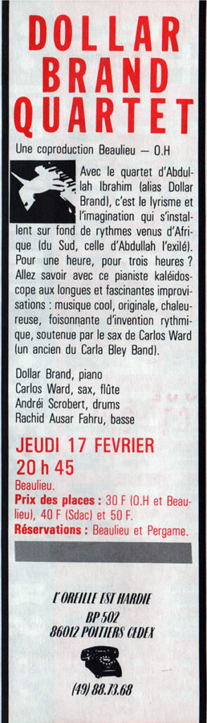 1982.12.10-Doc03.01-Oreille-est-HardieAFversoe-294x1024 Thierry Leroux, Dollar Brand Quartet (17/02/83)