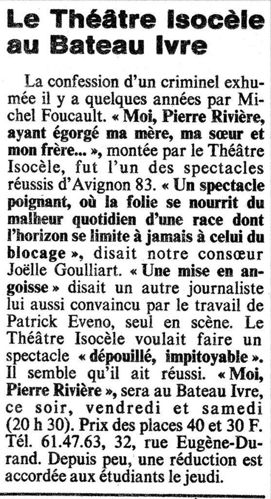 1984.03.01-Presse-NR01-51-Z-2-557x1024 Théâtre Isocèle "Moi Pierre Rivière ayant égorgé ma mère, ma sœur et mon frère" (01 au 03/03/84)