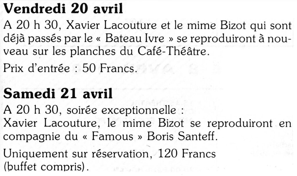 1984.04.20-Presse-01-51-Z-2-1024x606 "Anniversaire" Xavier Lacouture, Boris Santeff, Mime Bizot (21/04/84)