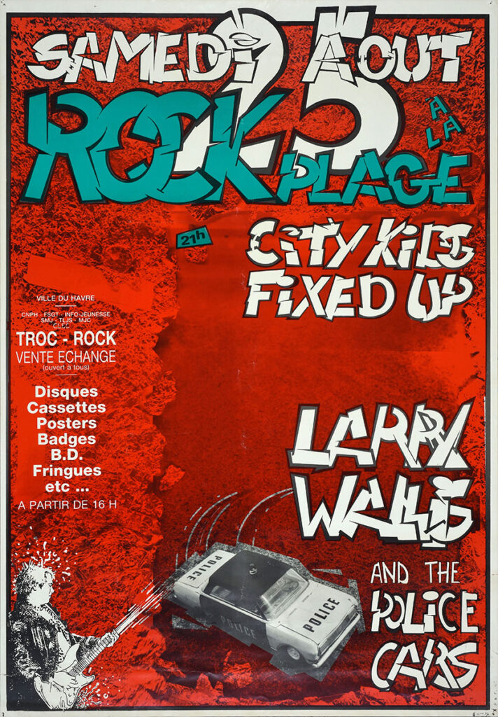 1984.08.25-Affiche01-66-95-imprimee-Michel-Rose-Copie-712x1024 "Rock à la Plage" City Kids, Fixed Up, Larry Wallis and The Police Cars (25/08/84)