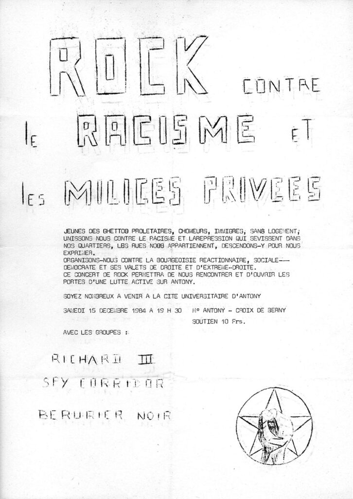 1984.12.15-Richard-IIIFL-726x1024 "Rock contre le racisme et les milices privées" Bérurier Noir, Richard III, Spy Corridor (15/12/84)