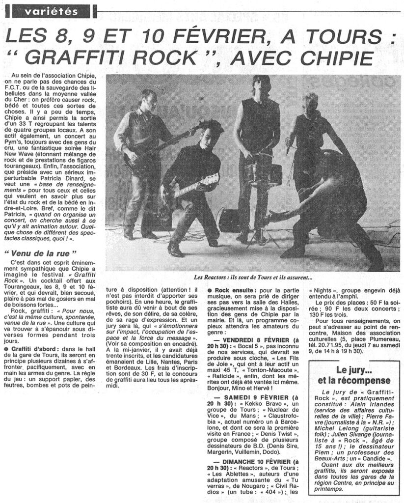 1985.02.04-NRCO.4ADPRE1-823x1024 "Graffiti rock" Bocal 5, Fils de Joie, Raticide (08/02/85)