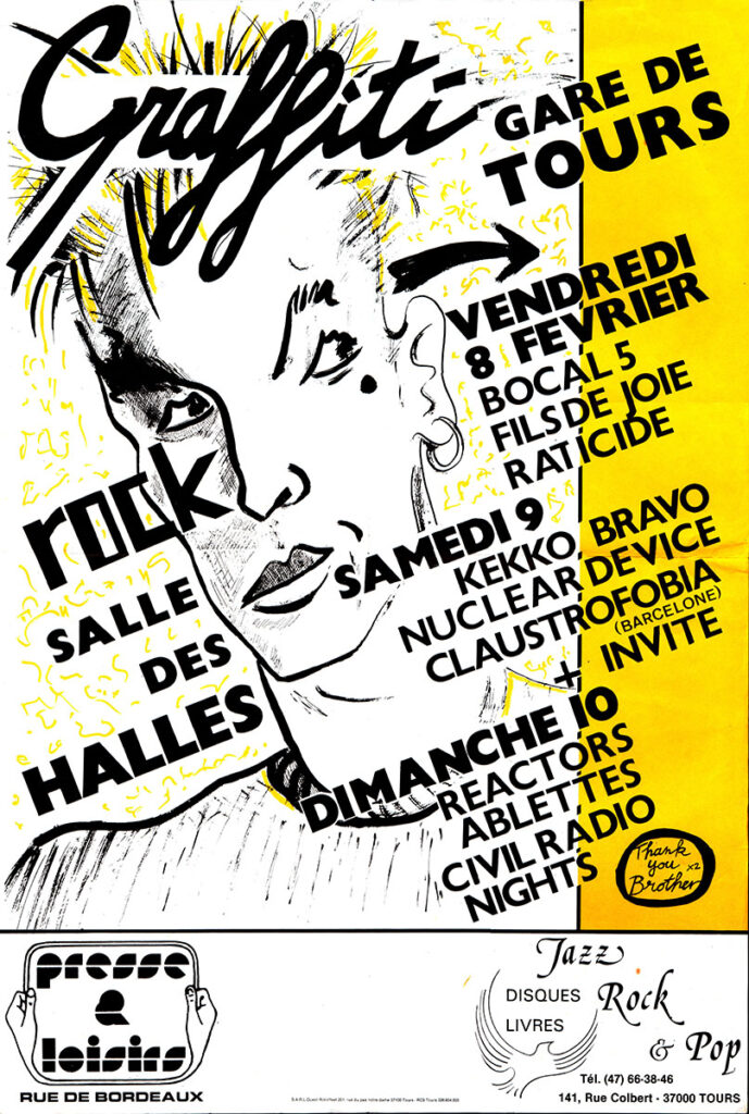 1985.02.09-Affiche01-40-60-imprimee-689x1024 "Graffiti rock" Bocal 5, Fils de Joie, Raticide (08/02/85)