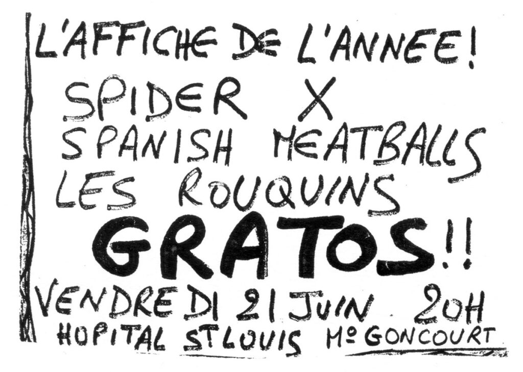 1985.06.21-Flyer01-Max-Well-1024x729 Spider X, Spanish Meatballs, les Rouquins (21/06/85)
