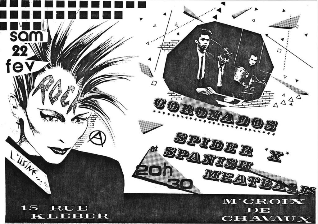 1986.02.22-Flyer01-Gerald-Biot-1024x724 Coronados, Spider X, Spanish Meatballs (22/02/86)