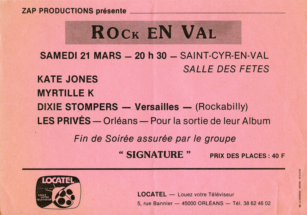 1987.03.21-Flyer01-Milouf-1024x718 Kate Jones, Myrtille K, Dixie Stompers, les Privés,  Signature (21/03/87)