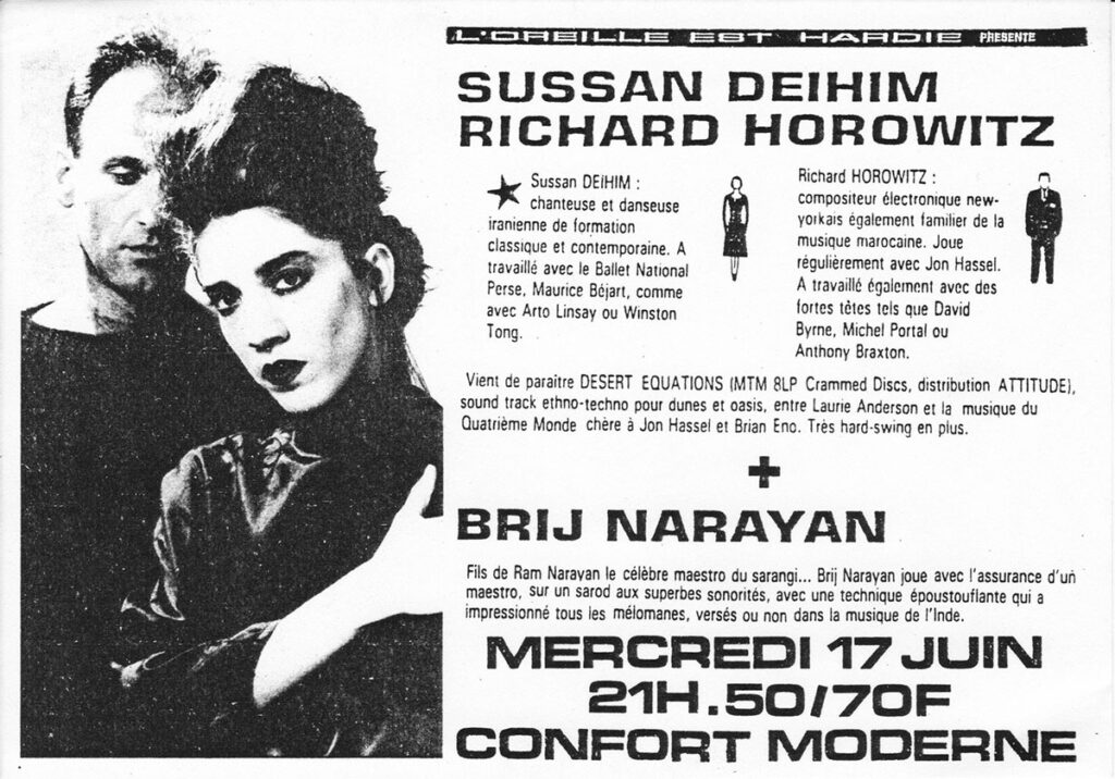 1987.06.17-Flyer01-Oreille-est-Hardie-1024x716 Brij Narayan, Sussan Deihim, Richard Horowitz (17/06/87)