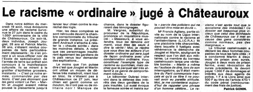 1987.09.03-NRCO.IADPREa-1024x372 Agressions racistes survenue à Châteauroux (15/08/87)