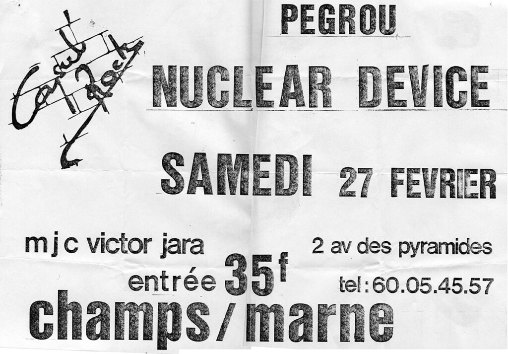 1988.02.27-Affiche01ND-1024x713 Pegrou, Ausweis (annulé), Nuclear Device et Bérurier Noir (annulé) (27/02/88)
