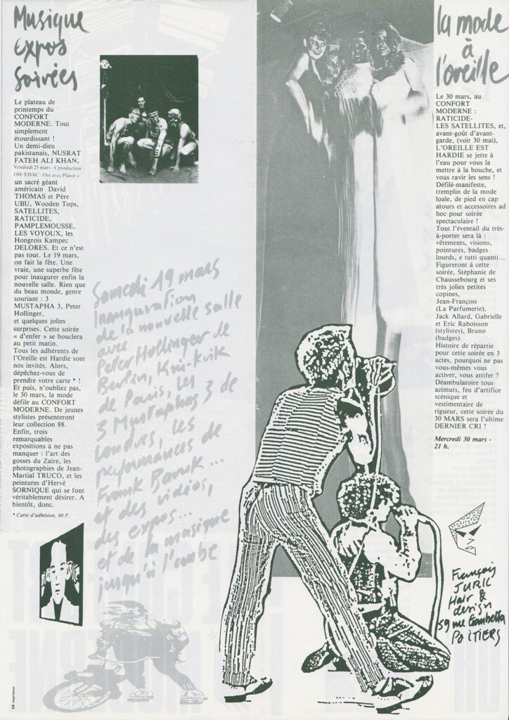 1988.03.19-Doc02.02-Oreille-est-Hardie-724x1024 "Inauguration" Kni Crik, Peter Hollinger, 3 Mustaphas 3 (19/03/88)