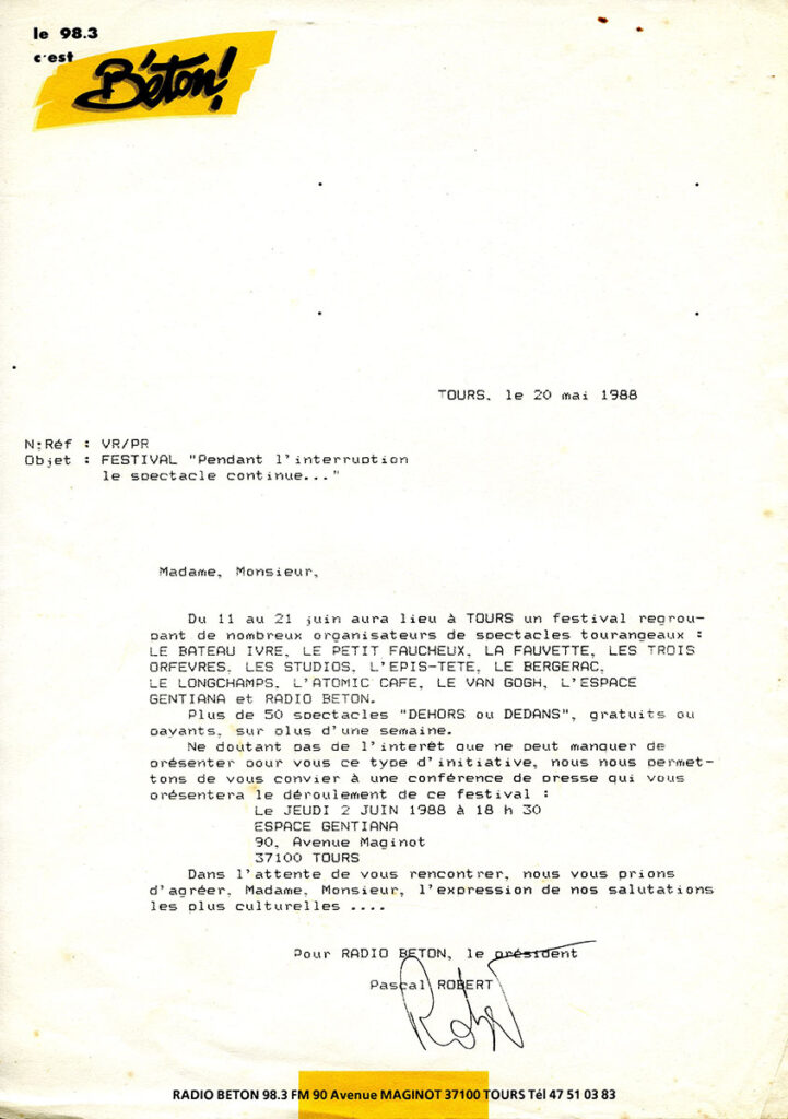 1988.05.20-Radio-BetonBergeracDO-721x1024 "Pendant l'interruption le spectacle continue" (10 au 21/06/88)