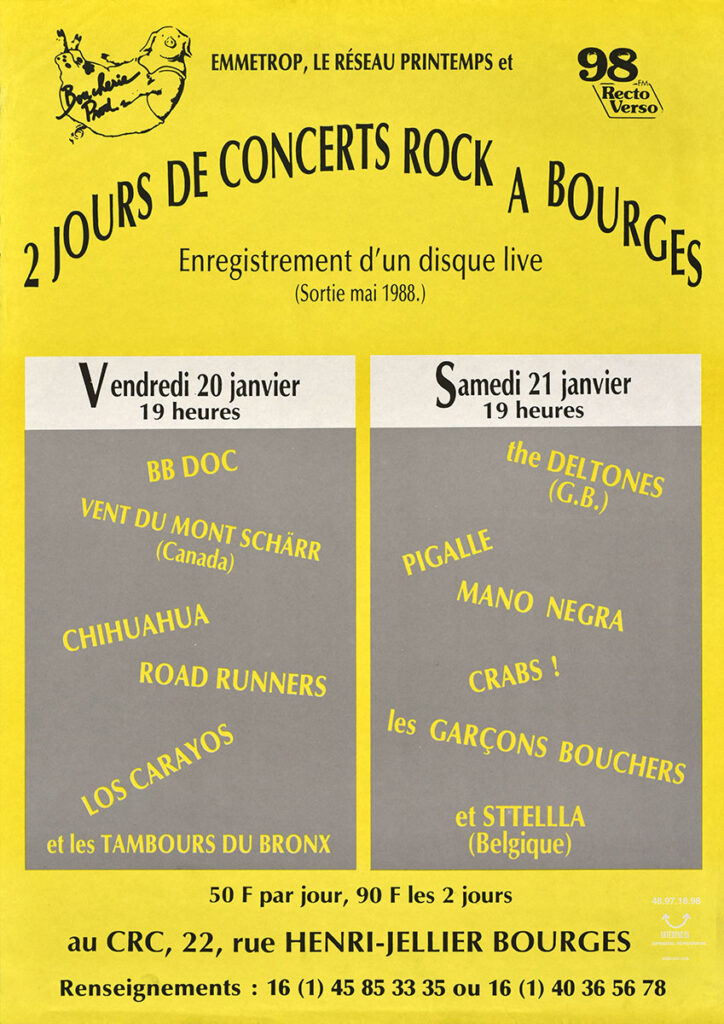 1989.01.20-Affiche01-414-585-imprimee-Emmetrop-Copie-724x1024 The Deltones, Pigalle, Mano Negra, les Crabs ! les Garçons Bouchers, Sttellla (21/01/89)