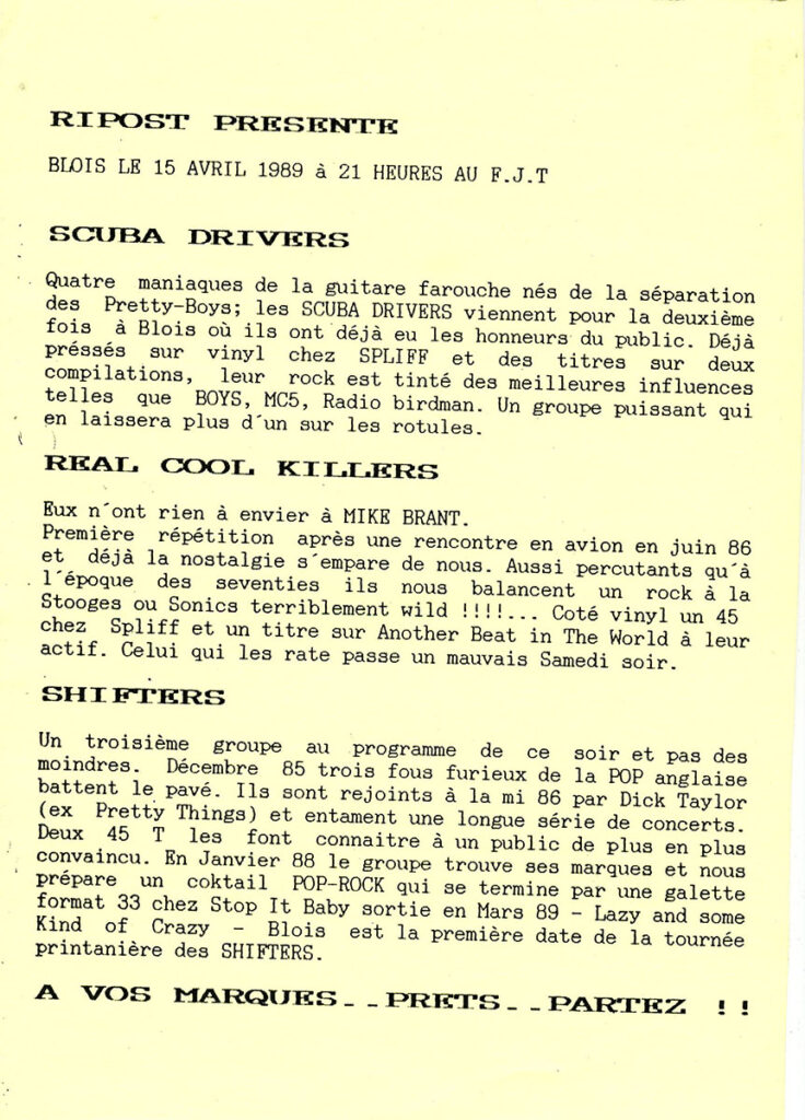 1989.04.15-Ripost-Flyer01-Milouf-736x1024 Shifters, Scuba Drivers, Real Cool Killers (15/04/89)