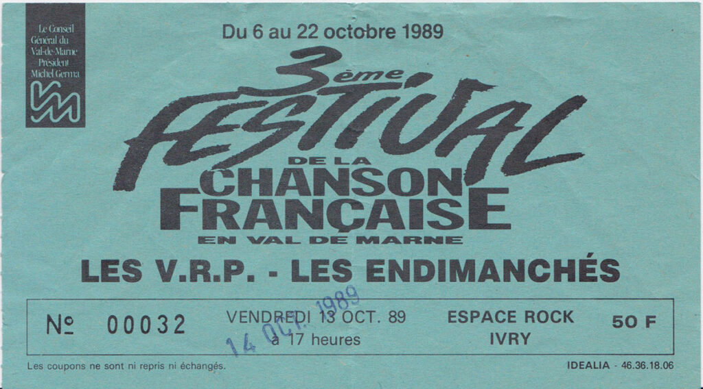 1989.10.14-Ticket01-LTDC-1024x568 "Festival de la chanson française en Val de Marne" Les Endimanchés, les V.R.P. (14/10/89)