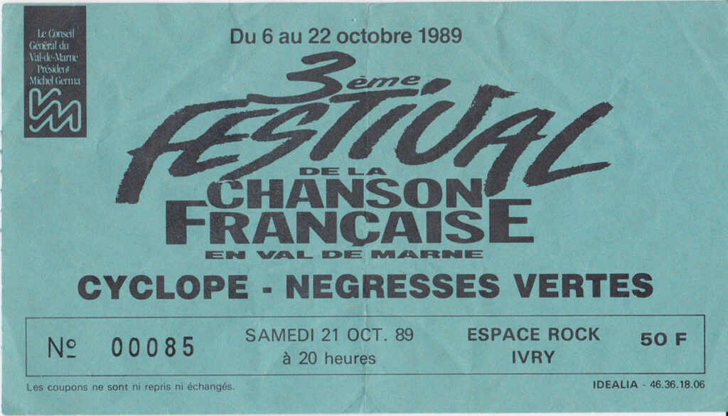 1989.10.21-Ticket01-LTDC-1024x585 "Festival de la chanson française en Val de Marne" Cyclope, les Négresses Vertes (21/10/89)