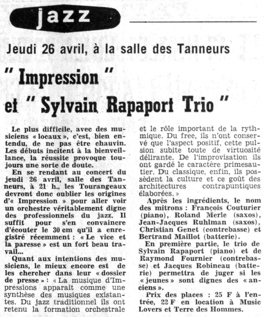 1979.04.23-NRCO.3AD-857x1024 Impression, Sylvain Rapaport Trio (26/04/79)