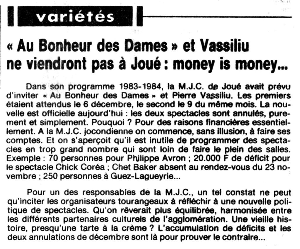 1983.12.05-NRCO.4ADPRE000367-1024x849 « Au Bonheur des Dames » et Vassiliu ne viendront pas à Joué : money is money
