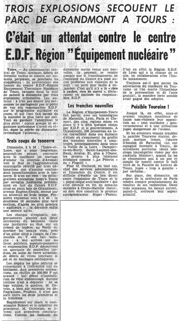 1976.07.05-NRCO.AADPRE-573x1024 Trois explosions frappent le centre EDF Région “Équipement nucléaire” à 3h50 du matin
