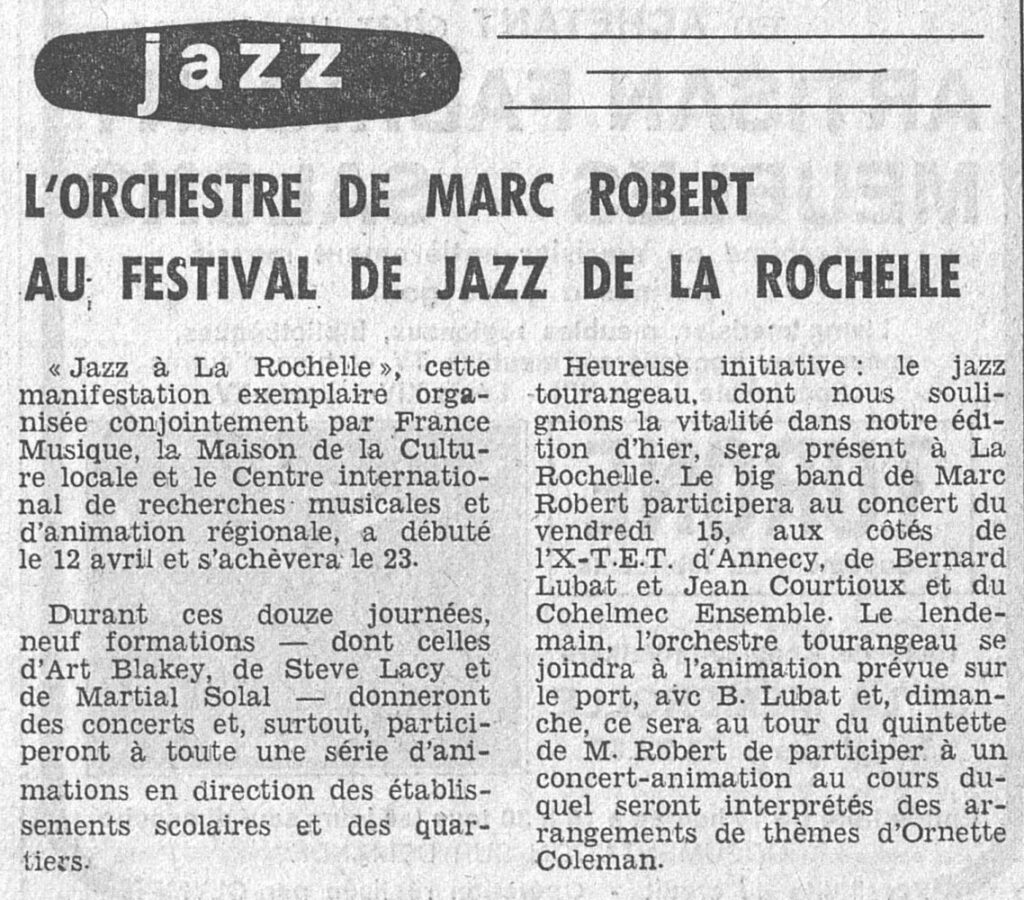 1977.04.14-NRCO.4ADc-1024x900 "Festival de Jazz de La Rochelle" Marc Robert, X-T.E.T., Bernard Lubat, Jean Courtioux et le Cohelmec Ensemble (15/04/77)