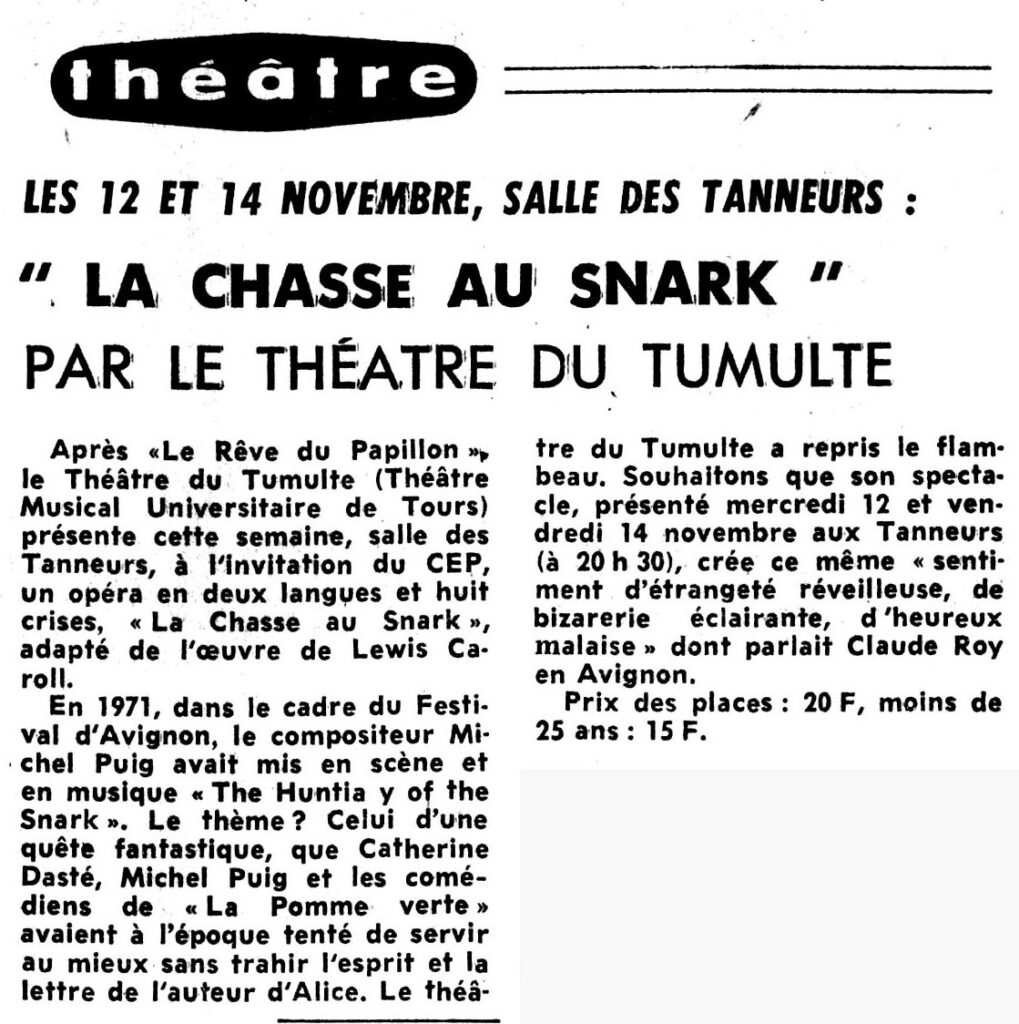 1980.11.10-NR.4ADc-1019x1024 Théâtre du Tumulte "La chasse au Snark" (12 et 14/11/80)