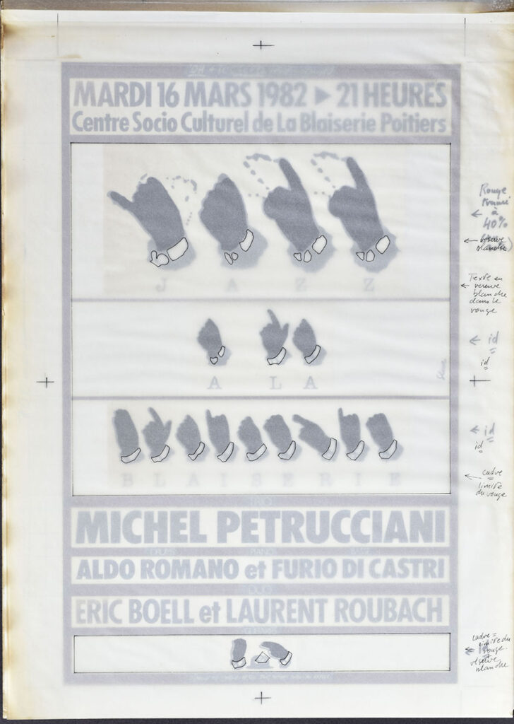 1982.03.16-Maquette02.2-Oreille-est-Hardie-728x1024 Jazz à la Blaiserie – Maquettes préparatoires d’une affiche que je n’ai jamais vue imprimée