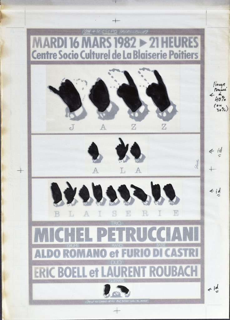 1982.03.16-Maquette02.3-Oreille-est-Hardie-736x1024 Jazz à la Blaiserie – Maquettes préparatoires d’une affiche que je n’ai jamais vue imprimée