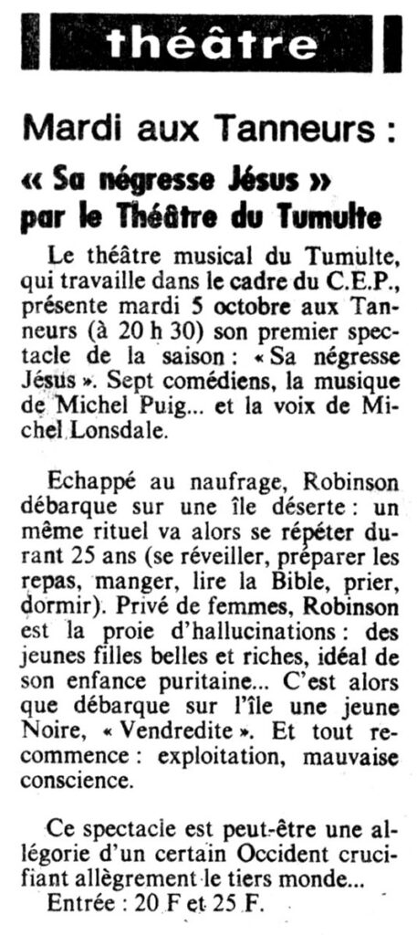 1982.10.02-NRCO.4ADa-457x1024 Théâtre du Tumulte "Sa négresse Jésus" (05/10/82)