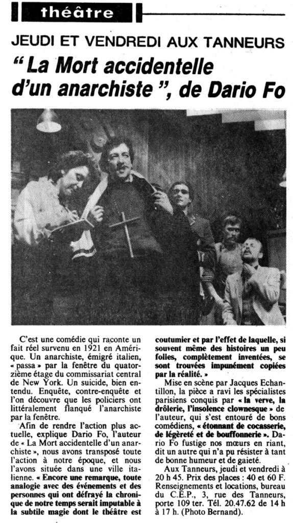 1984.01.16-NRCO.4ADPRE000417-574x1024 "La Mort accidentelle d’un anarchiste" (19 et 20/01/84)
