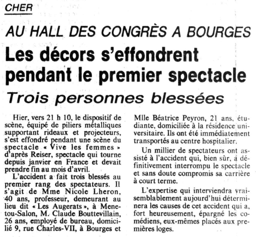 1984.03.02-NRCO.CADPREb-1024x949 Une partie des décors s’est effondrée, blessant trois spectateurs au premier rang (01/03/84)