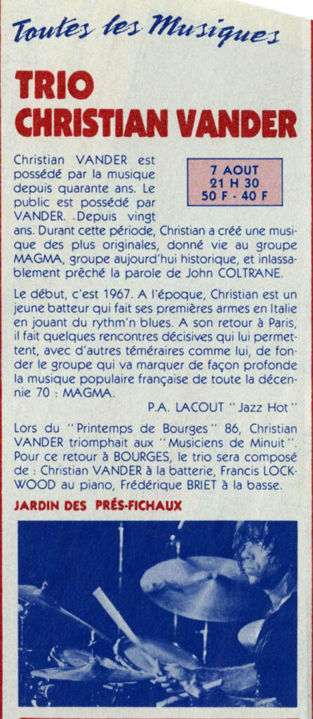 1987.07.17-BourgesV2BergeracPRj-446x1024 "Ballades à Bourges" Christian Vander Trio (07/08/87)