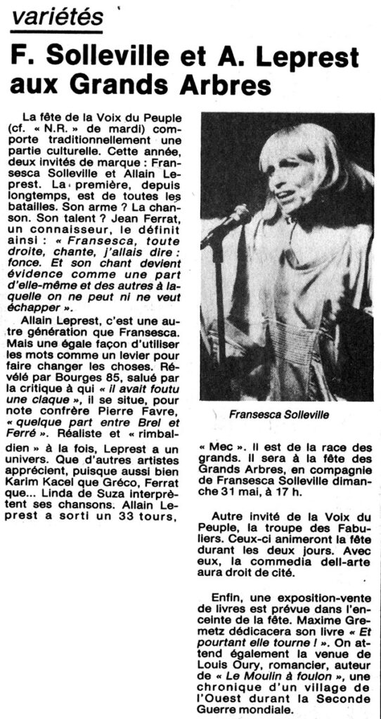 1987.05.27-NRCO.8ADPREa-542x1024 "La fête de la Voix du Peuple" Francesca Solleville, Allain Leprest (31/05/87)