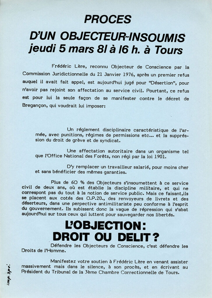 1981.03.05-Proces-Frederic-Lere-1904FL-727x1024 Procès d’un objecteur de conscience poursuivi pour désertion (05/03/81)