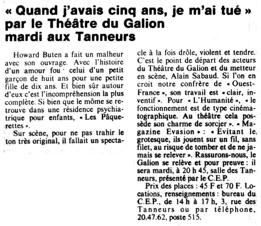 1984.12.01-NRCO.4ADPRE000870-1024x887 Théâtre du Galion "Quand j’avais cinq ans, je m’ai tué" (04/12/84)