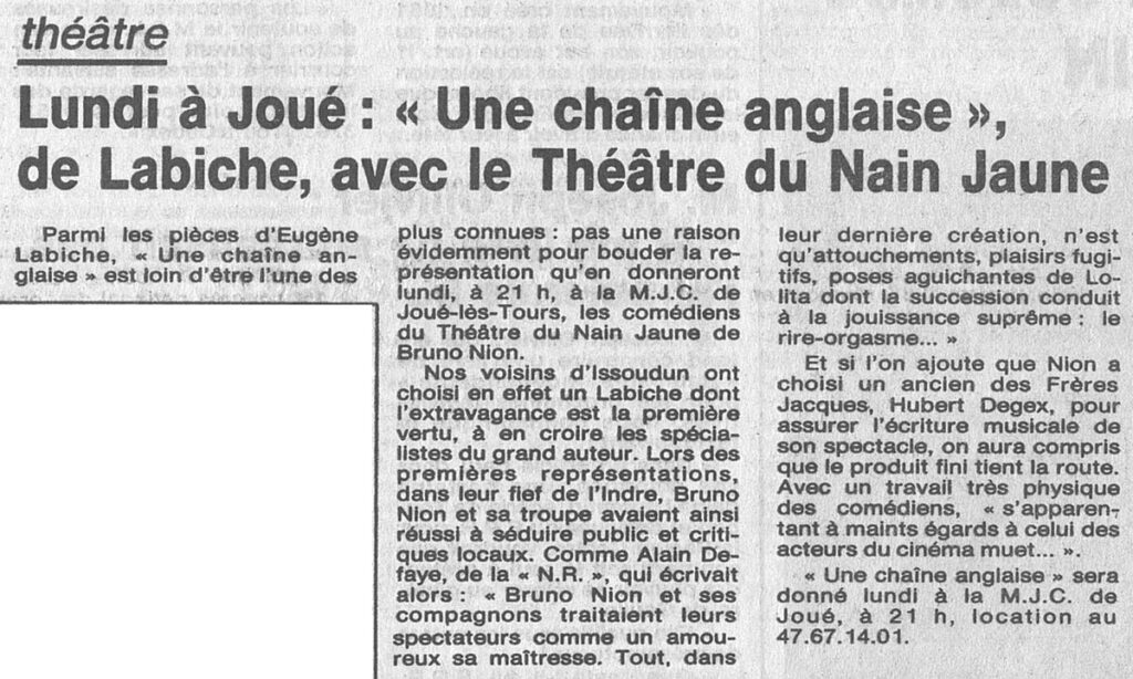 1985.11.23-NRCO.4ADPREa-1024x614 Théâtre du Nain Jaune "Une chaîne anglaise" (25/11/85)