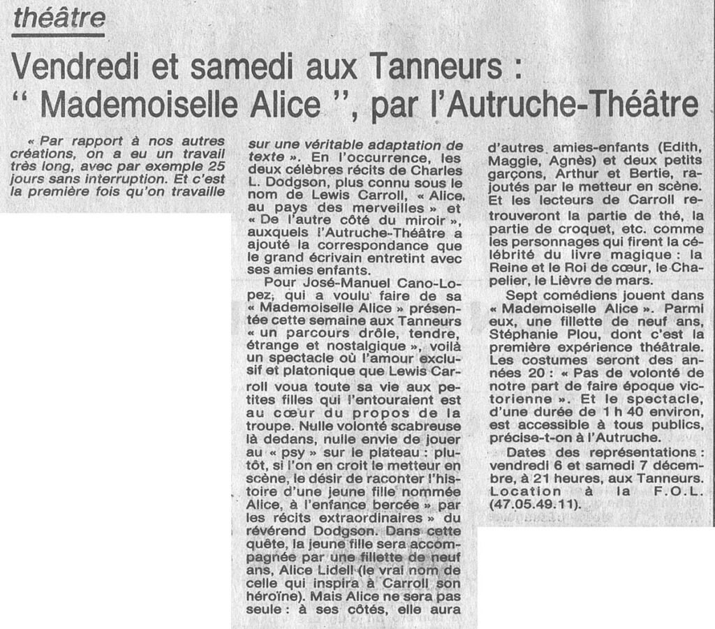 1985.12.02-NRCO.4ADPREa-1024x901 Autruche-Théâtre "Mademoiselle Alice" (06 et 07/12/85)