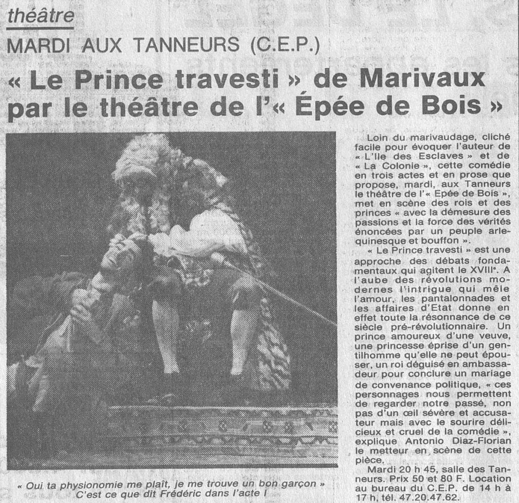1986.03.01-NRCO.4ADPREa-1024x991 Théâtre de l’Épée de Bois "Le prince travesti" (04/03/86)