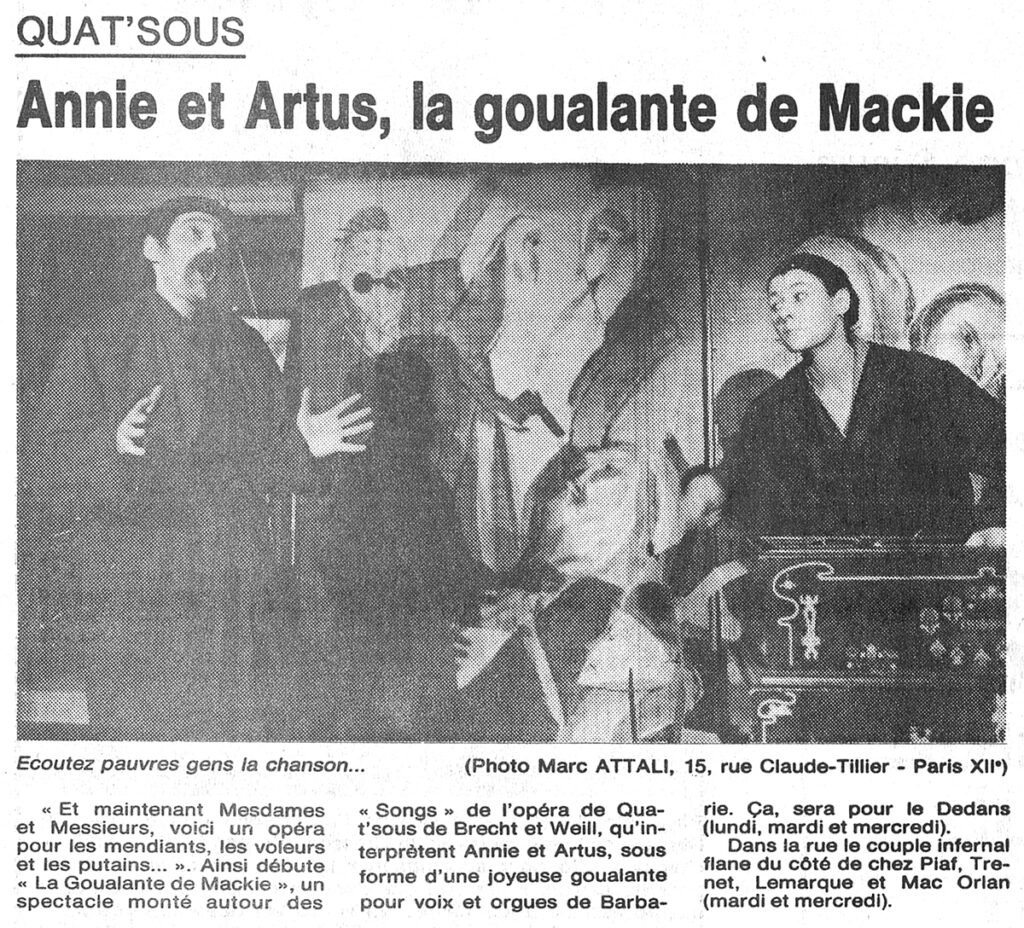 1986.06.09-NRCO.2ADPREa-1024x928 "Dehors Dedans" Annie et Artus "La Goualante de Mackie" (09 au 11/06/86)