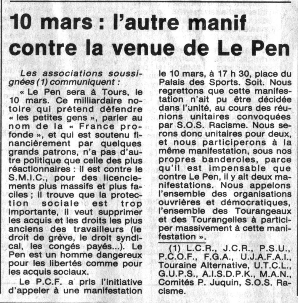 1988.03.07-NRCO.5ADPRE-1006x1024 Manifestation contre la venue de Jean-Marie Le Pen à Tours (10/03/88)