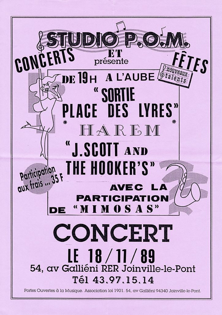 1989.11.18-A3-photocopiee-MinoAF-724x1024 Sortie Place des Lyres, Harem, J. Scott and the Hooker’s, Mimosas (18/11/89)